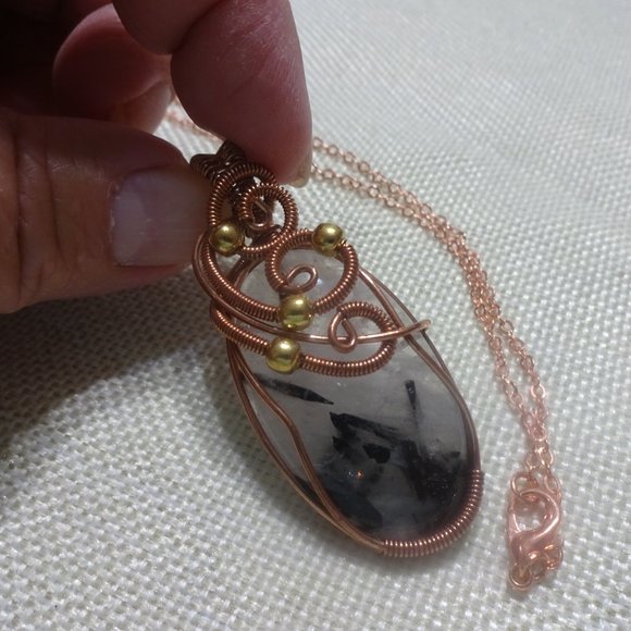 Whimsical "TROUMALINE QUARTZ" Handmade COPPER WIRE-WRAPPED Pendant/Chain #104B - Picture 2 of 3